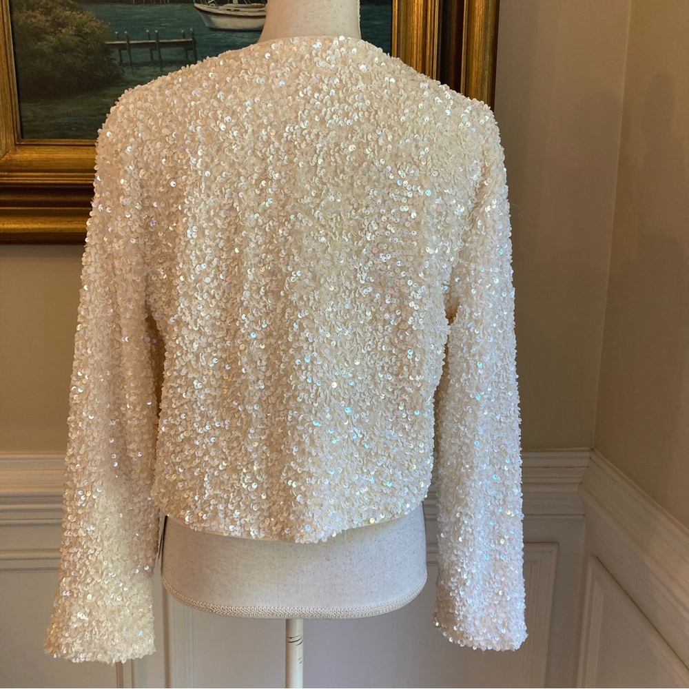 COMMENSE Cream Sequin Black Ribbon Bow Cardigan Jacket NWT - Picture 8 of 16